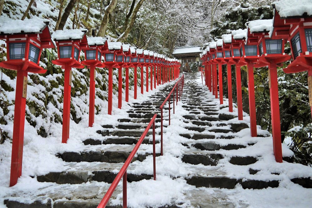 The approach of Kifune Shrine covered by snow