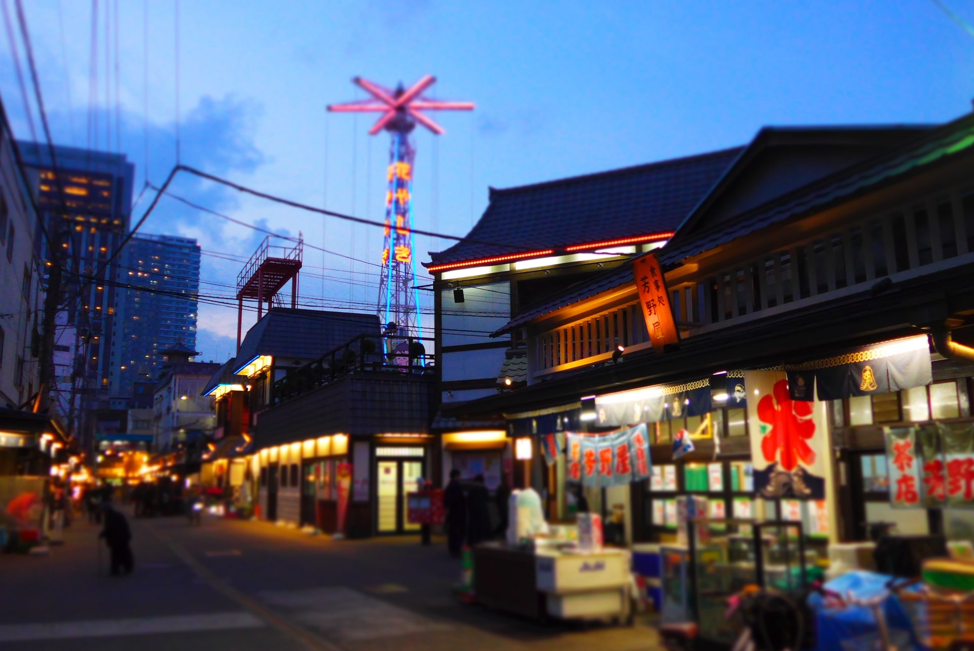 Hanayashiki lit up at night