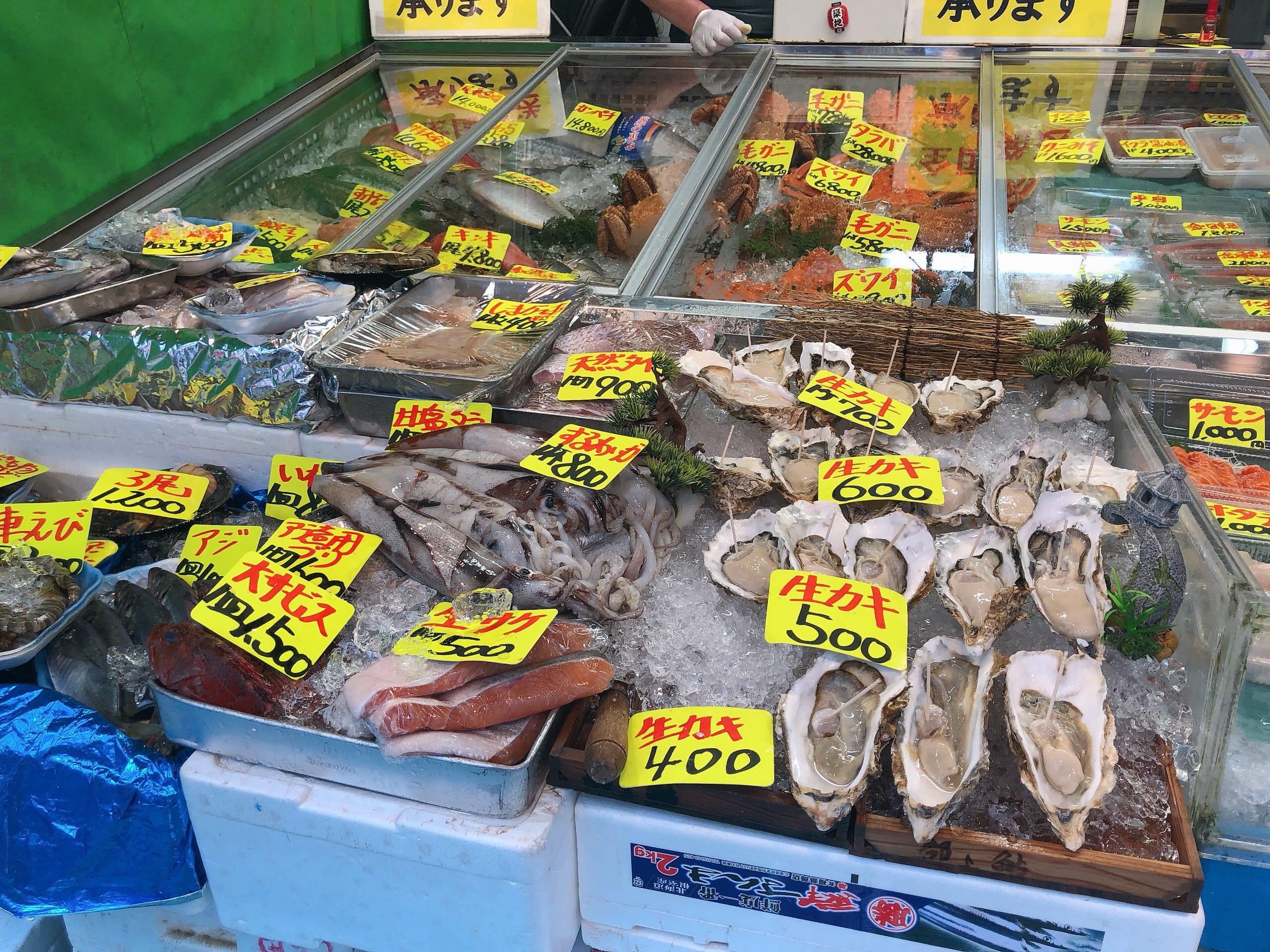 Seafood displayed along Tsukiji Outer Fish Market