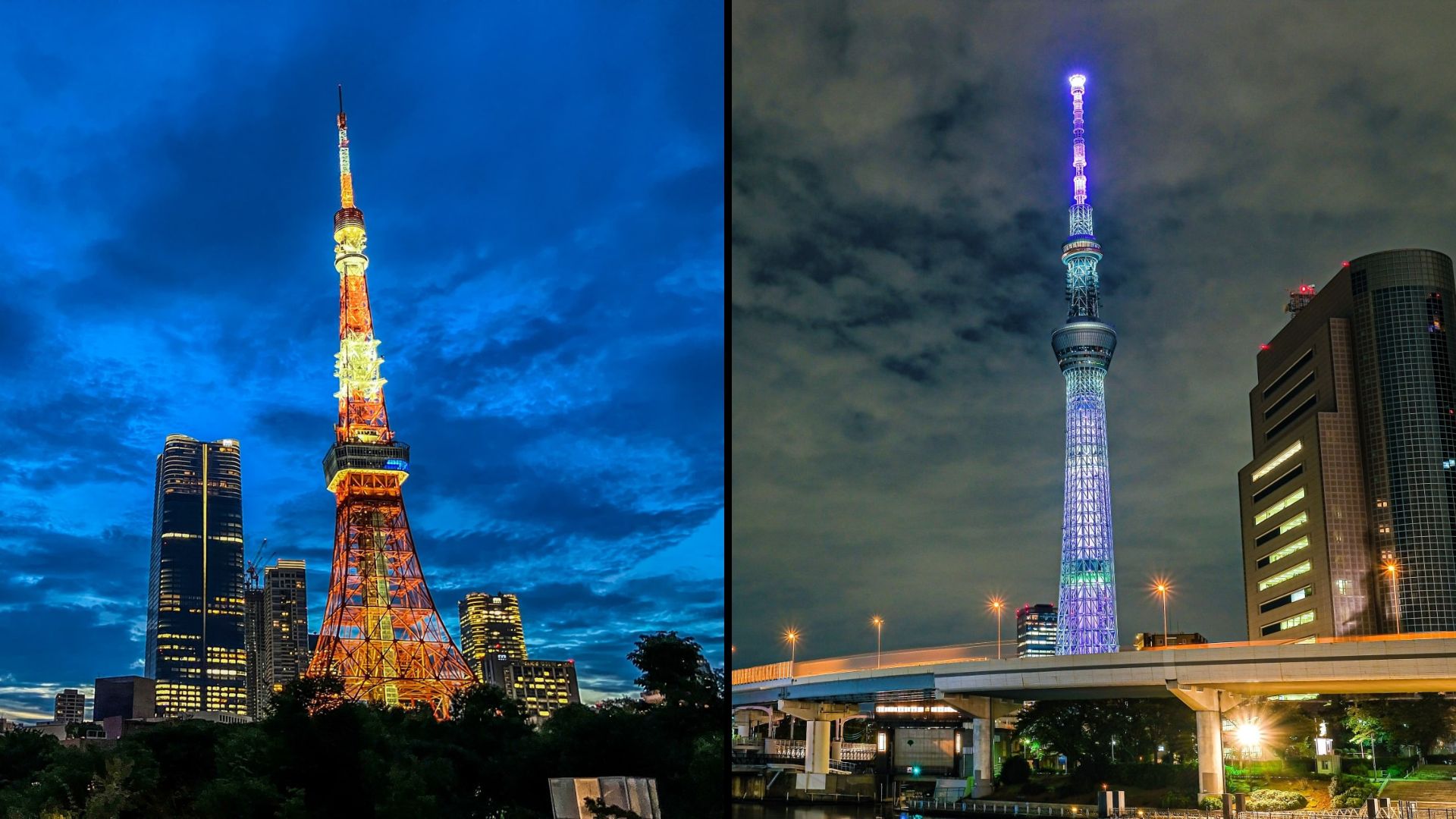 Night Views of Tokyo Tower and Tokyo Skytree