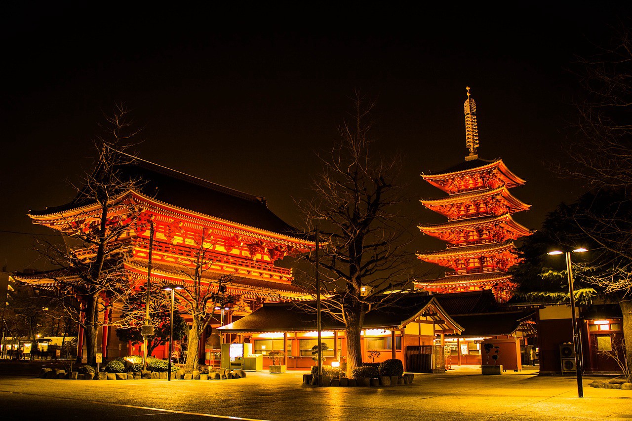 Asakusa by night: illuminated Sensoji Temple