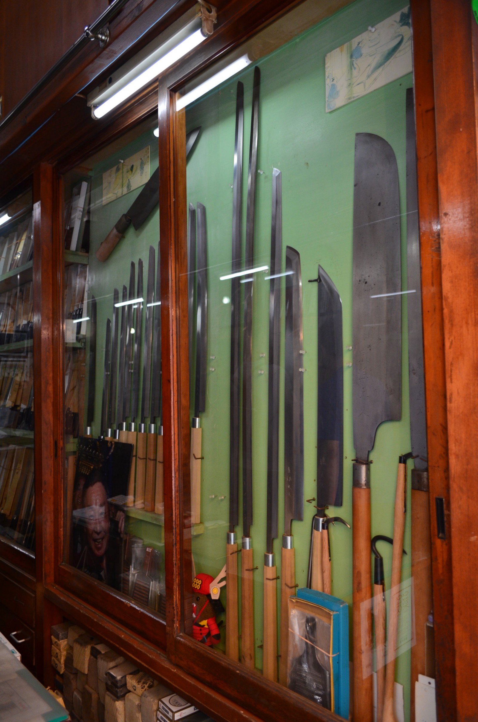 Various Japanese knives displayed at a knive shop in Tokyo