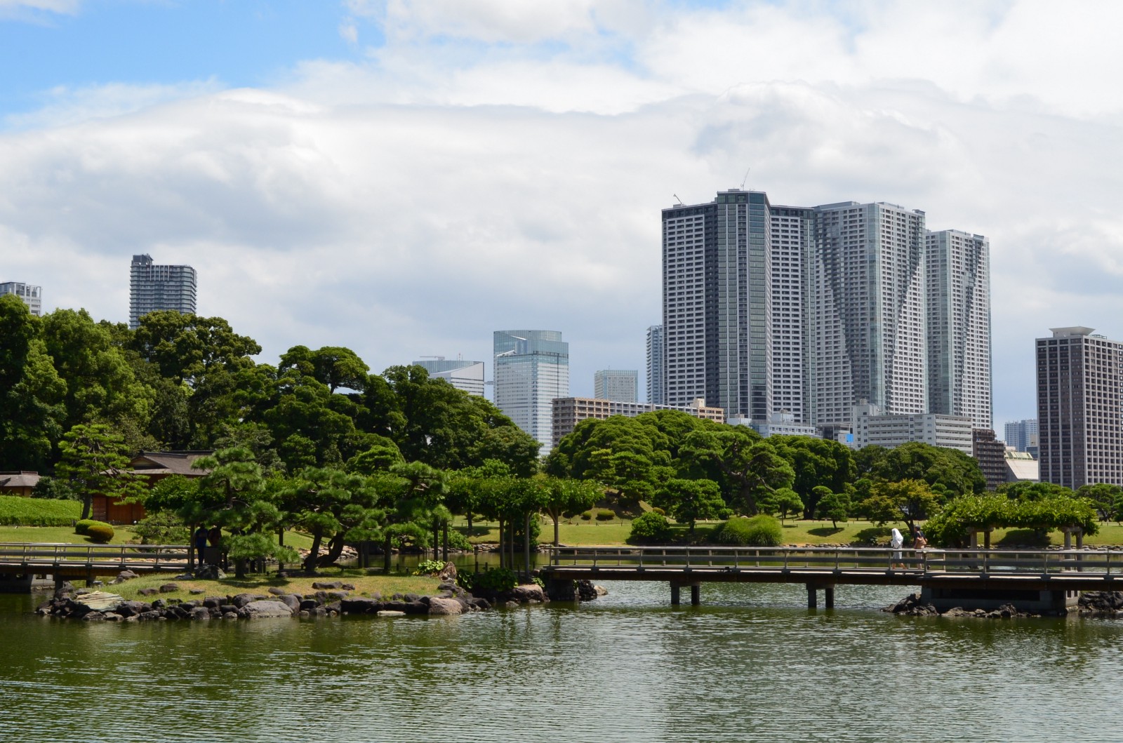 The traditional Japanese garden with Tokyo's skyline