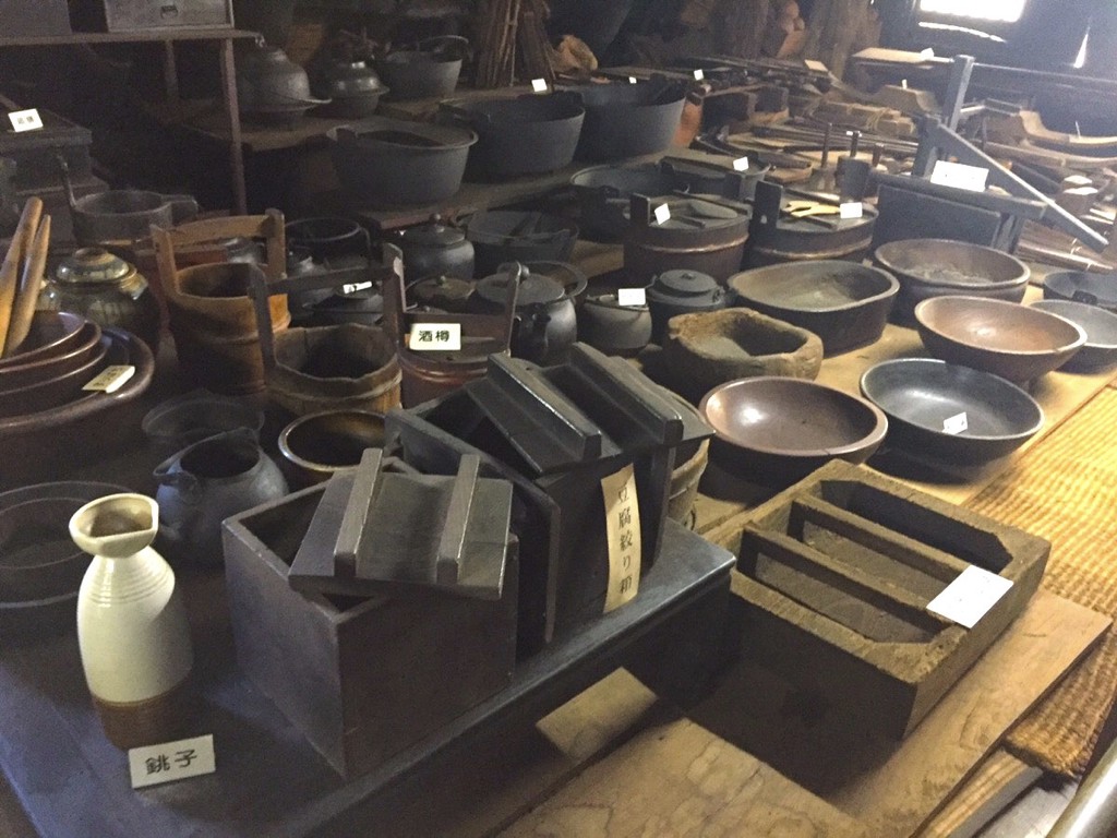 Old tools and materials displayed at Murakami House