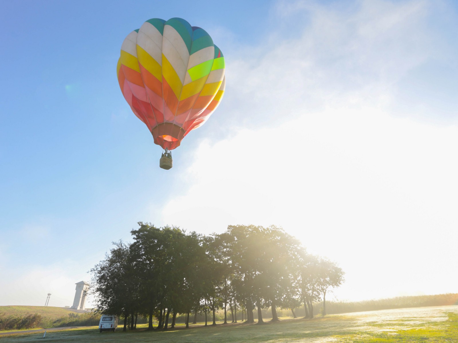 A hot air balloon floating in the sky