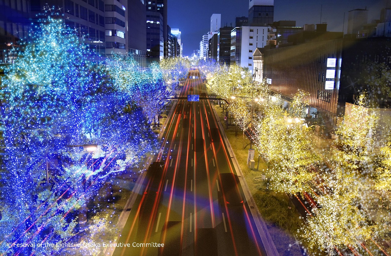 Romantic winter illumination in Osaka at night