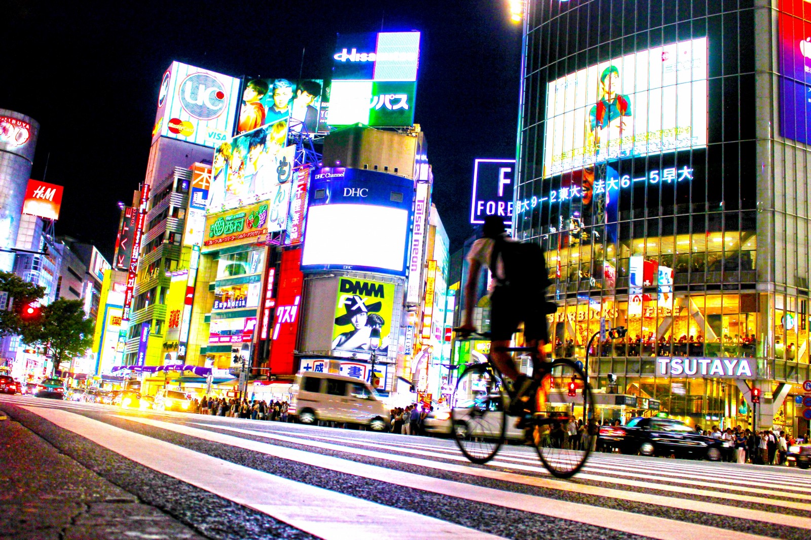 Shibuya street with neon lights by night