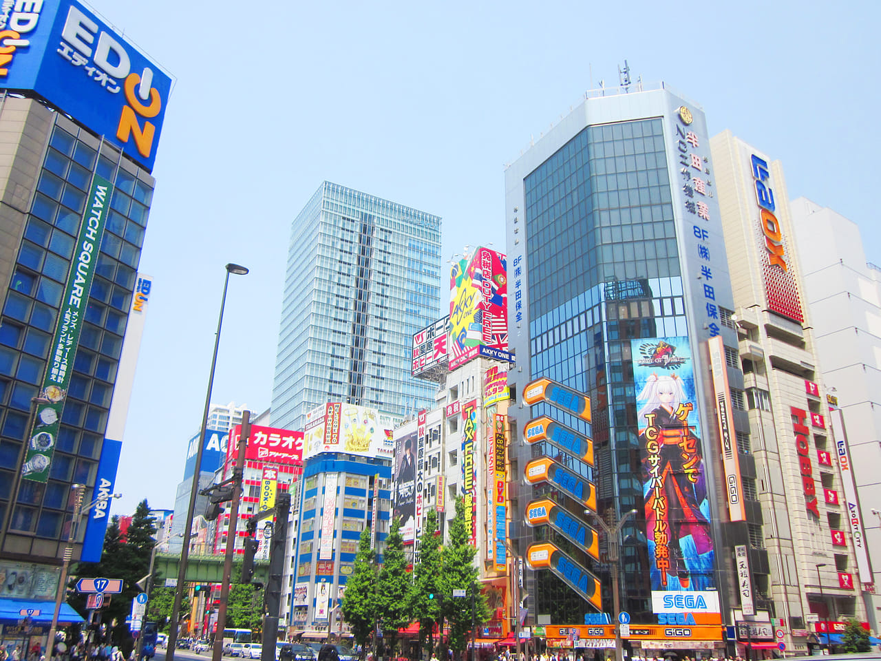 Tokyo, Akihabara. Espace building with large billboards of big eyed young  women anime characters next to orange exterior of DVD store. People walking  Stock Photo - Alamy