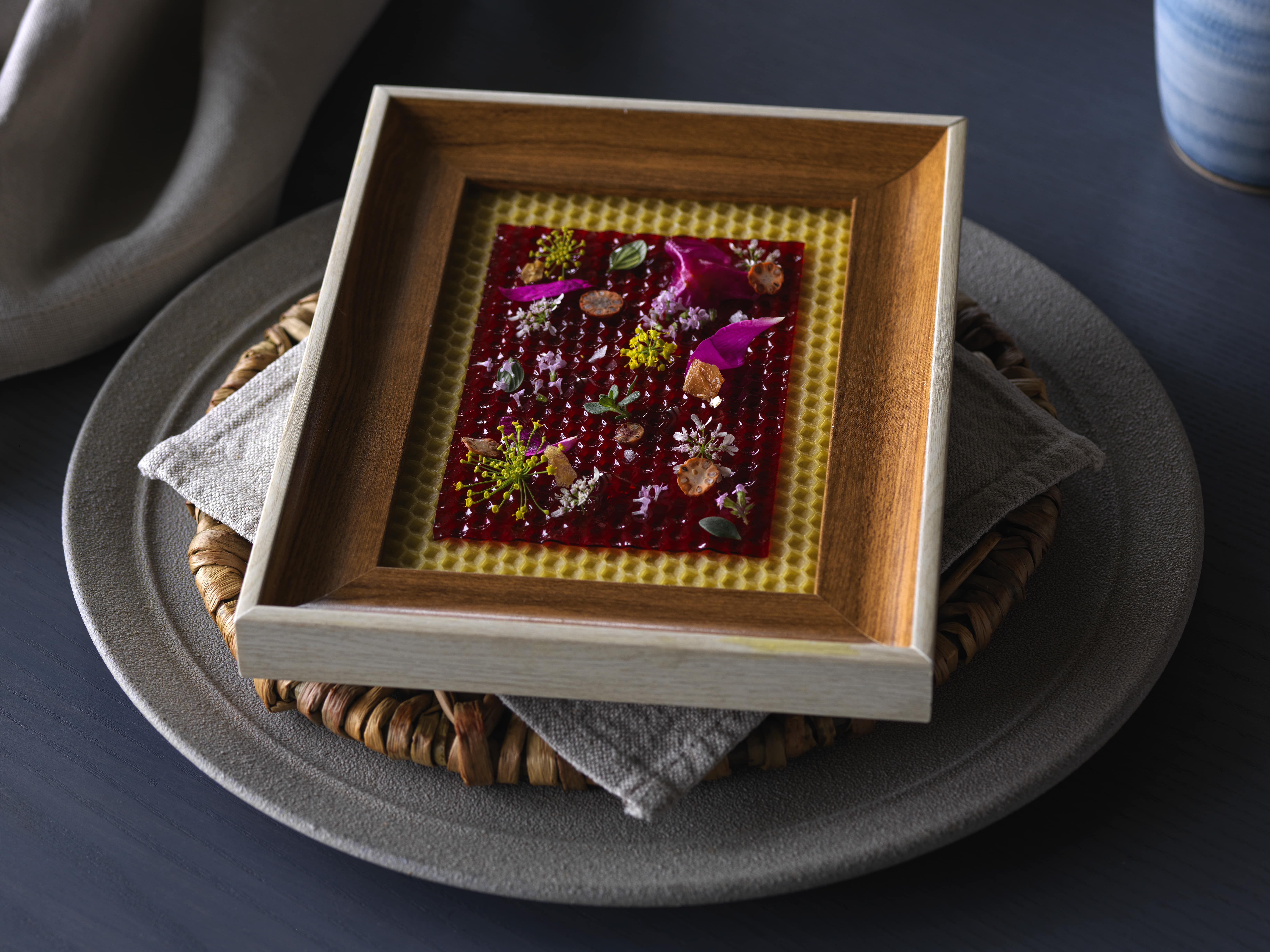 Plum leather with fresh aromatic flowers