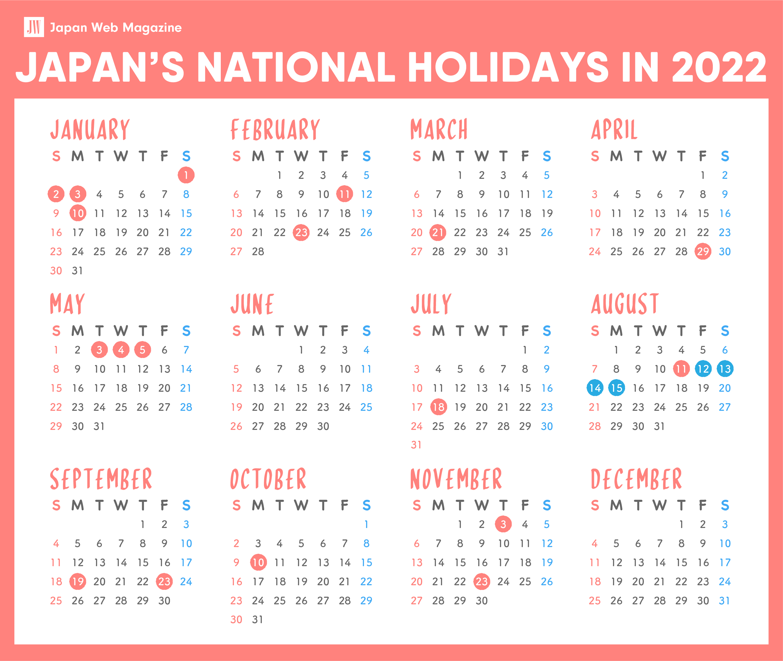 Japanese National Holidays Calendar 2022