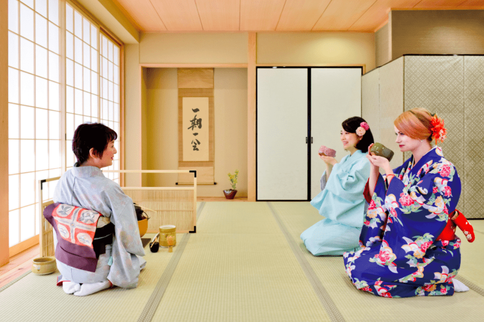 People are enjoying Matcha tea ceremony wearing Kimono