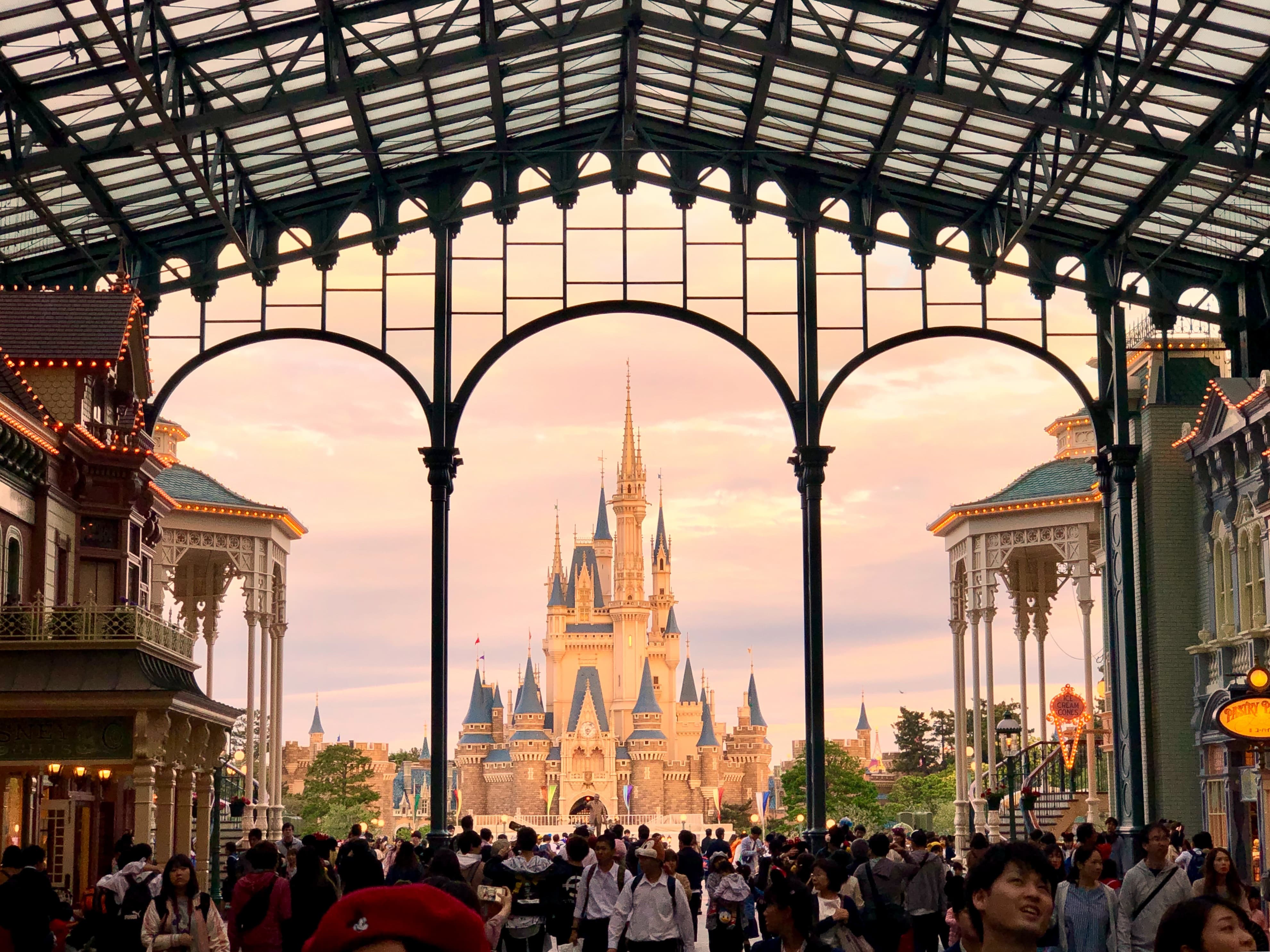 The view of Cinderella Castle from the entrance of Tokyo Disneyland