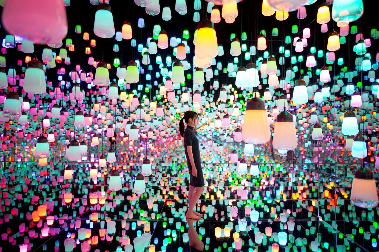 Colorfully lit-up lanterns hung all around the room