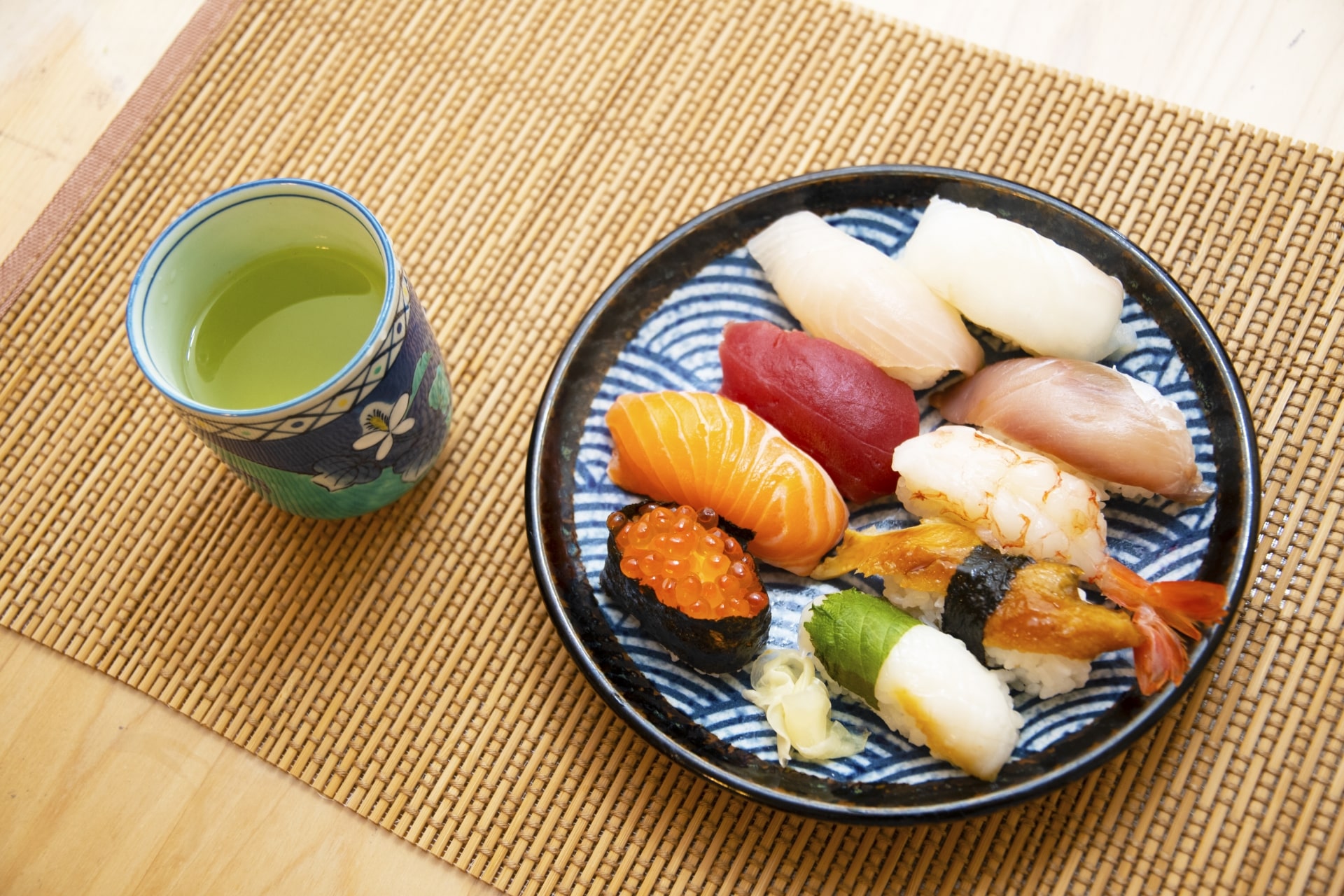 sushi with green tea
