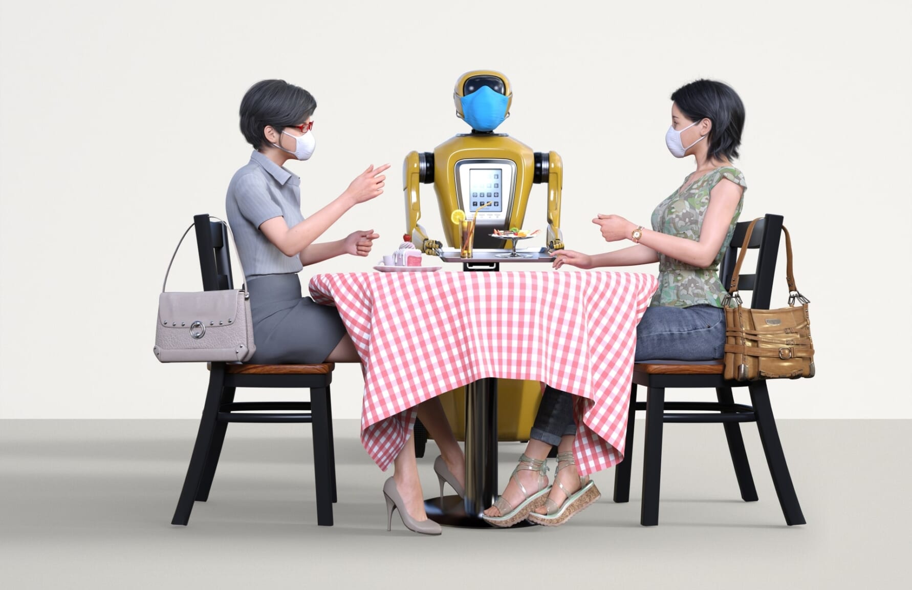 Japanese people dining with a robot