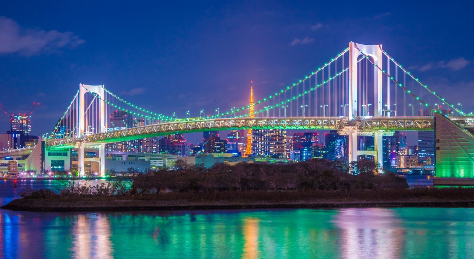 Rainbow Bridge in Odaiba is lit up at night