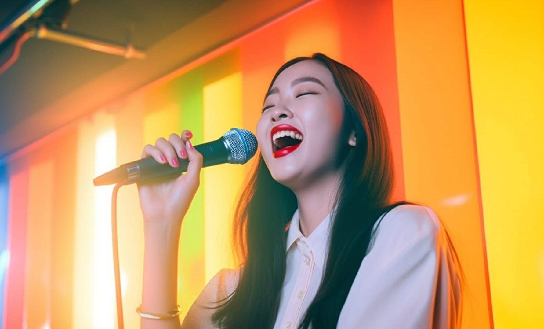 Japanese woman singing at a karaoke