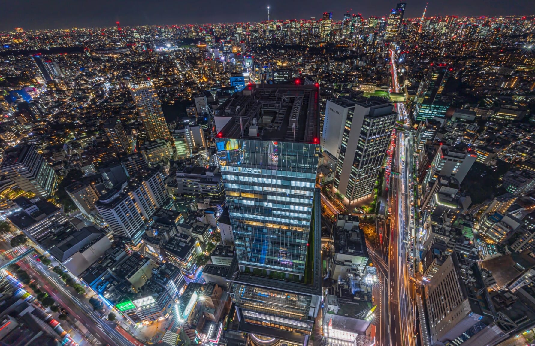 Aerial view of Shibuya at night