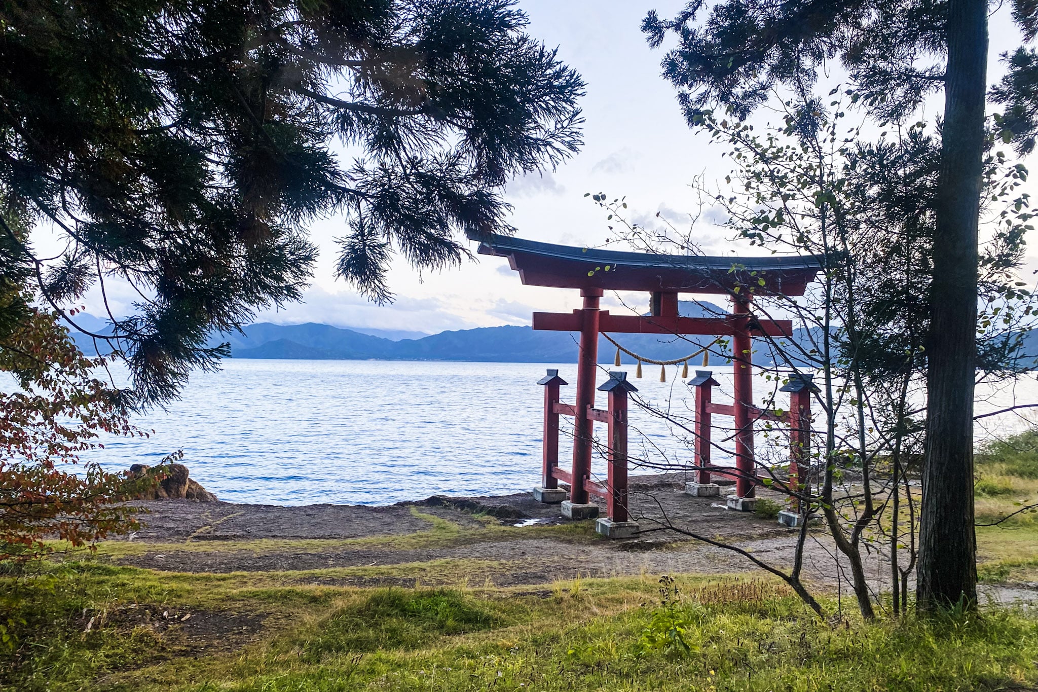 Torii of Gozanoishi Shrine at Lake Tazawa