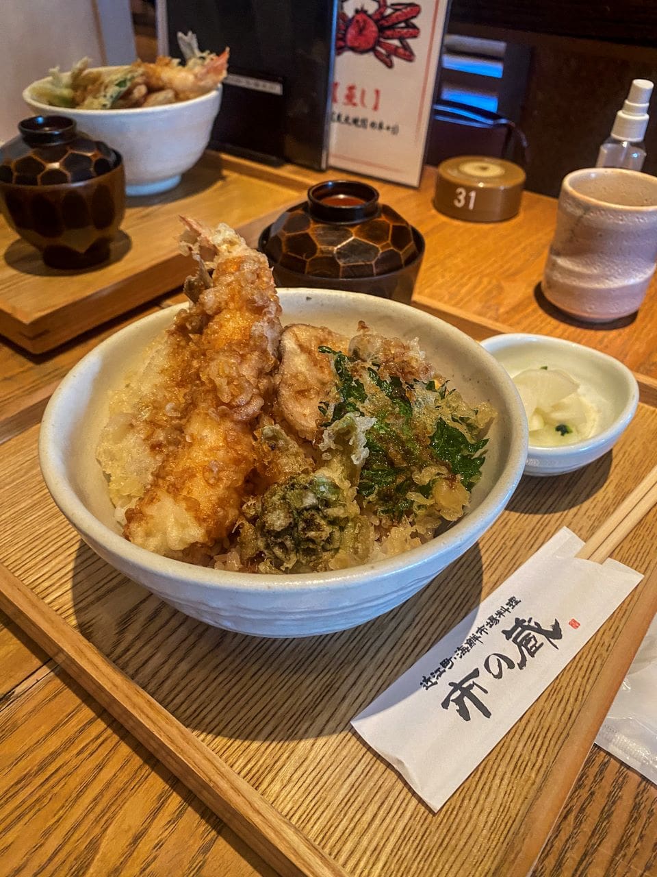 Seafood tempura bowl at Ichinokura restaurant inside Omicho Market