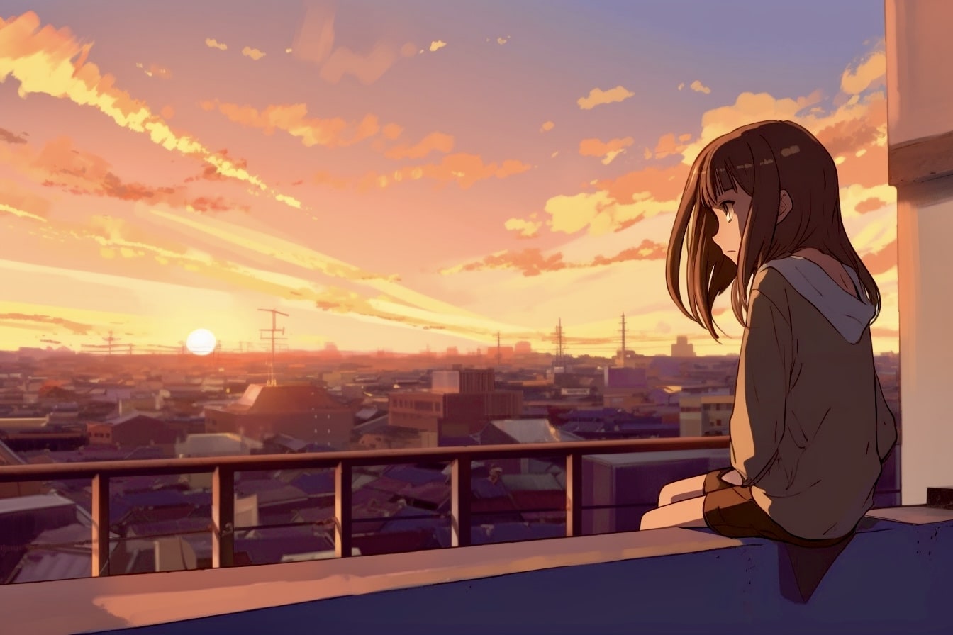 Illustration of Japanese student in school rooftop