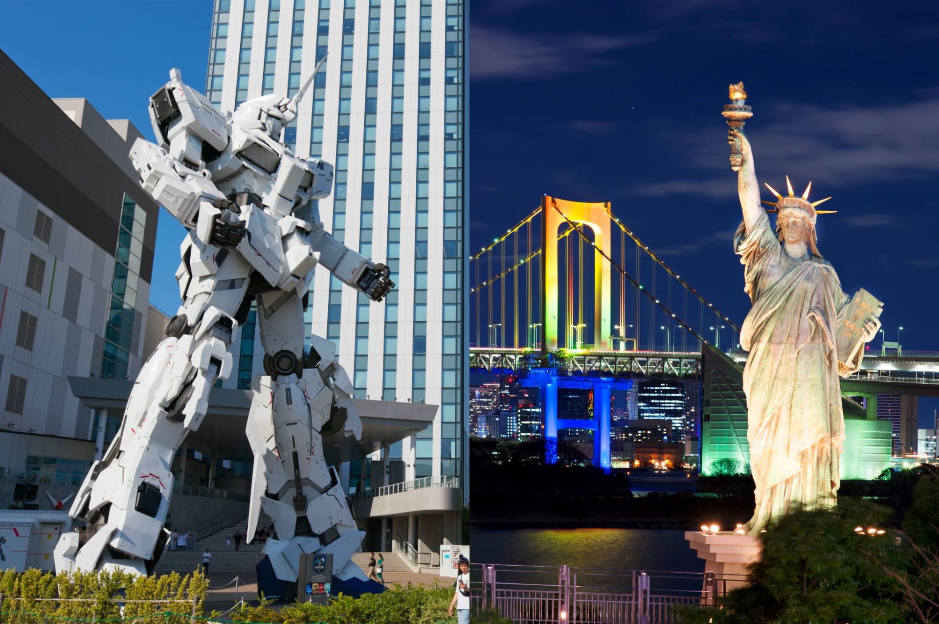 Unicorn Gundam and Liberty Statue in Odaiba