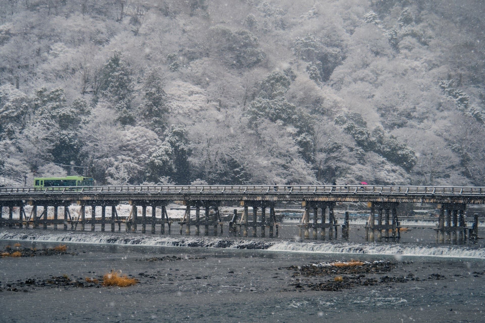 Togetsukyo Bridge in Winter with snow