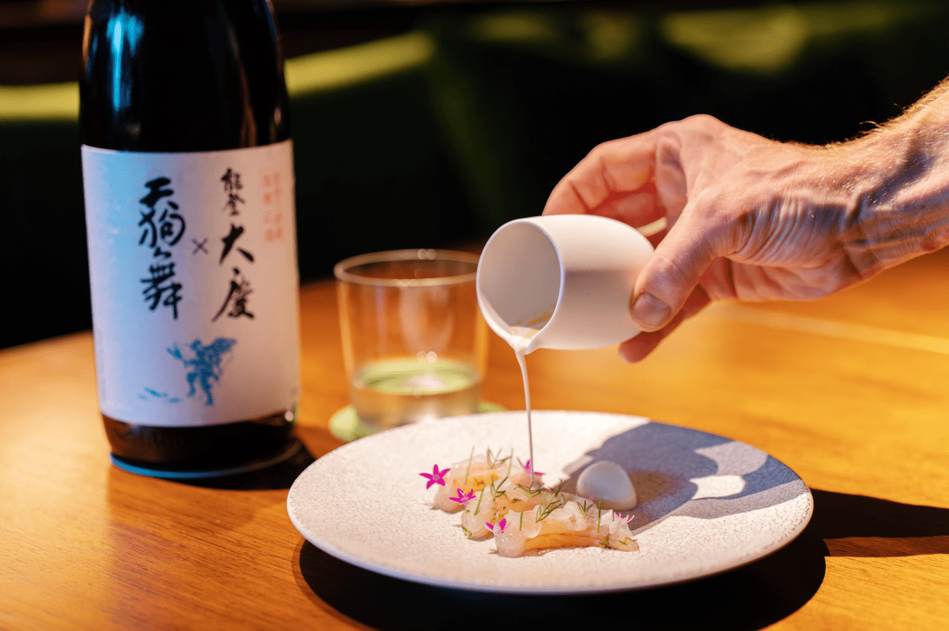 Bontan Ebi, Cauliflower, Radish, Onion SproutPaired with Tengumai (Japanese Sake)