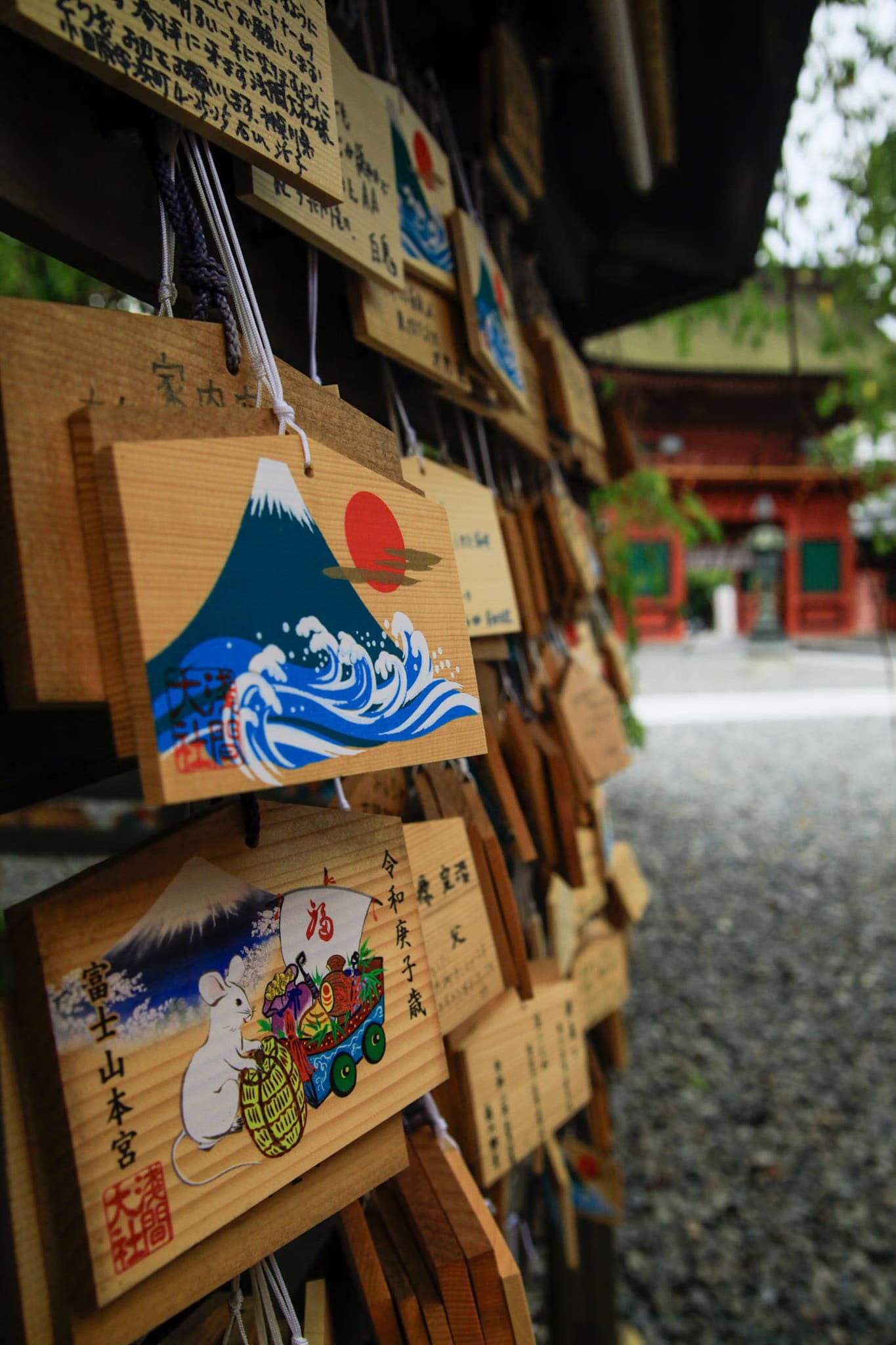 Mount Fuji themed wooden votive tablets at Fujisan Hongu Sengen Taisha