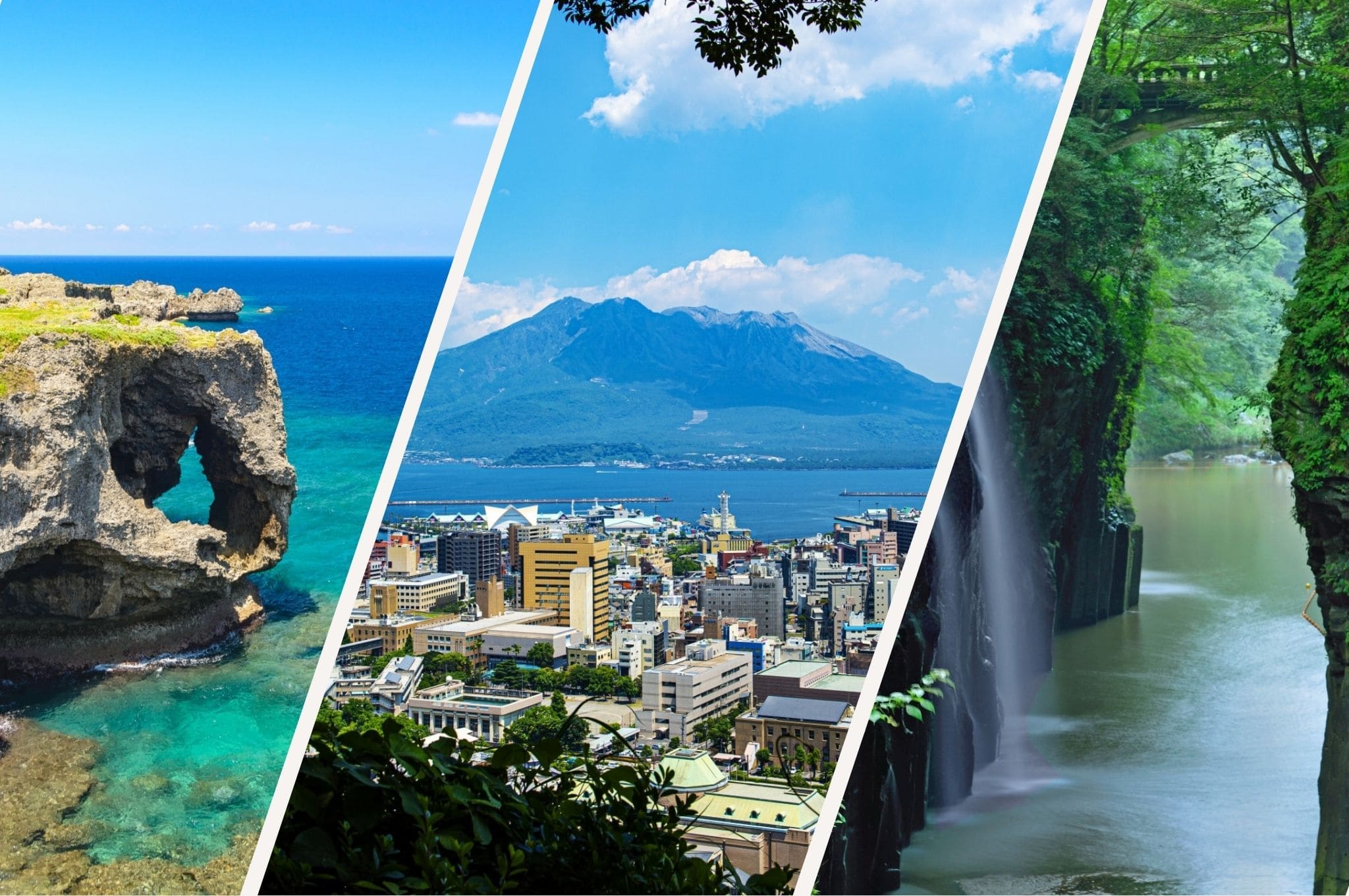 Triptych of Cape Manzamo in Okinawa, Sakurajima volcano in Kagoshima, and Takachiho Gorge in Miyazaki