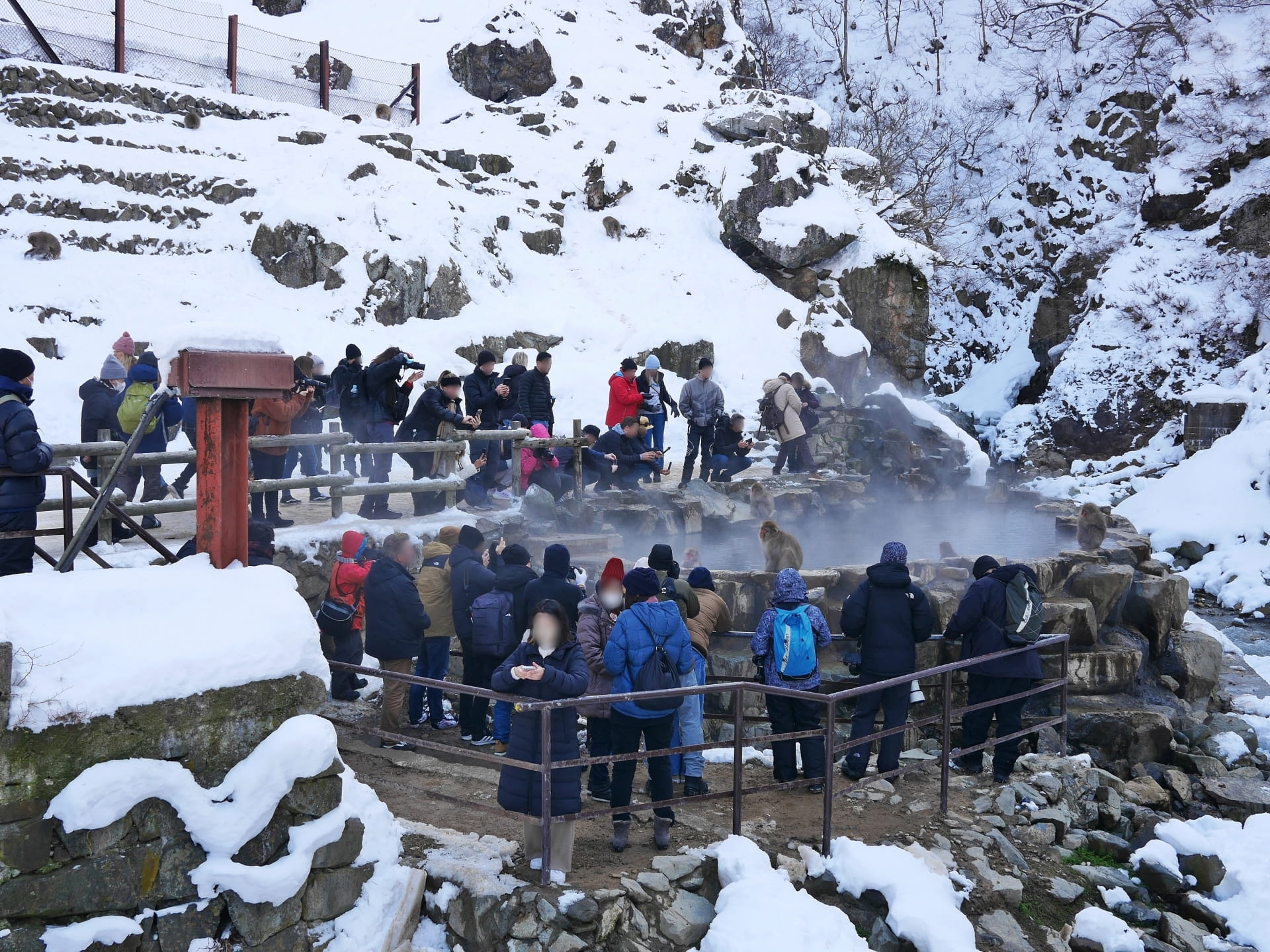 Visitors around the hot spring at Jigokudani Monkey Park
