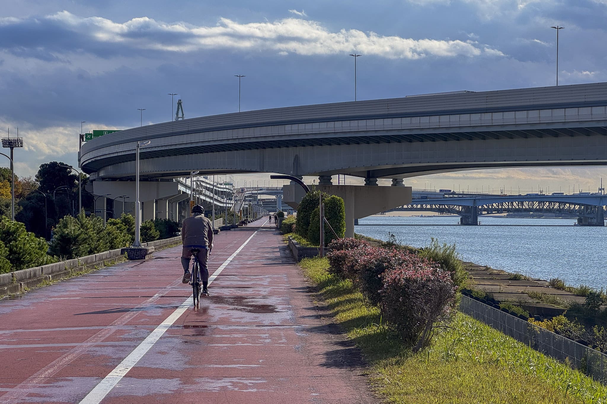 Cycling the Arakawa near Tokyo Bay