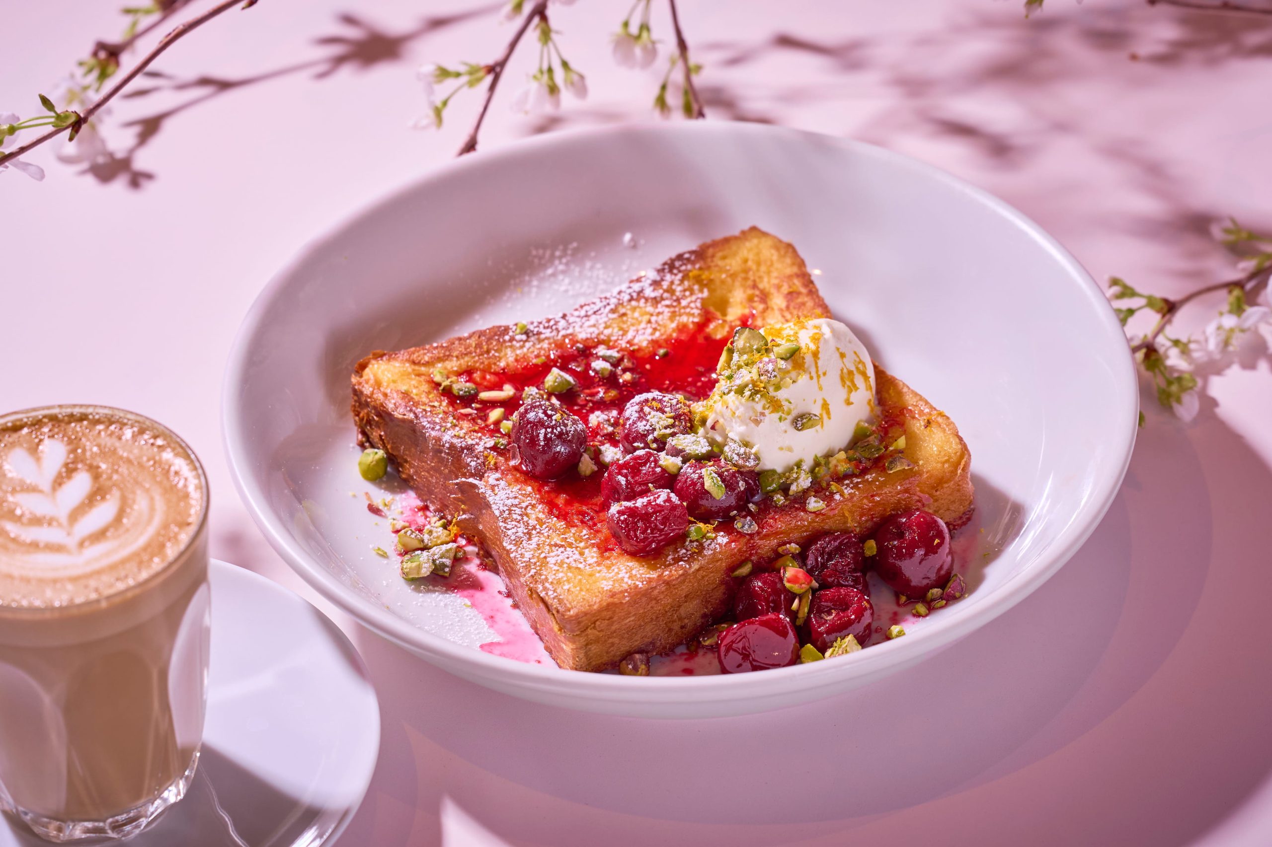 Shokupan French Toast with cherry compote, mascarpone and pistachio
