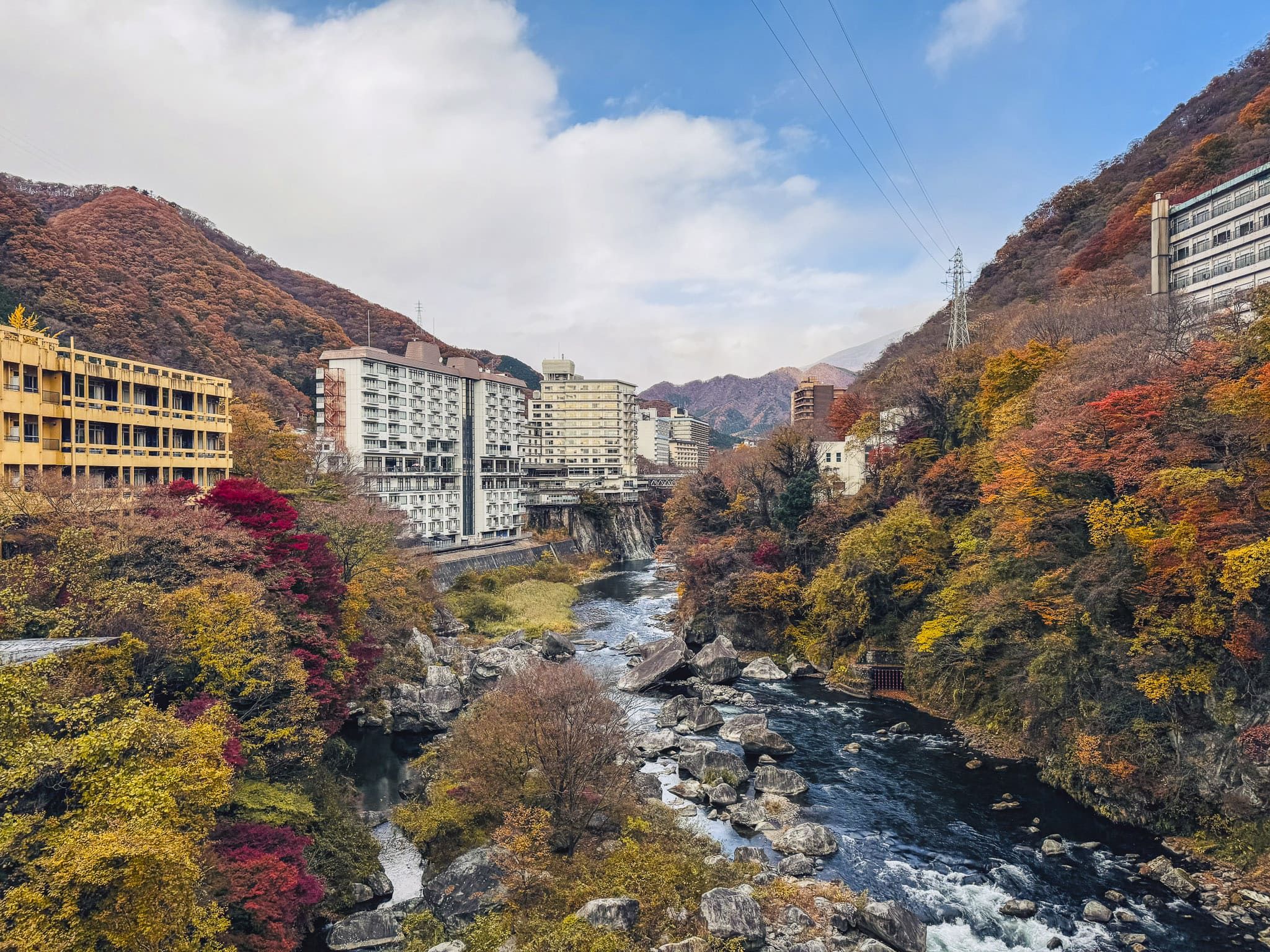 Hotels surrounding the valley at Kinugawa River