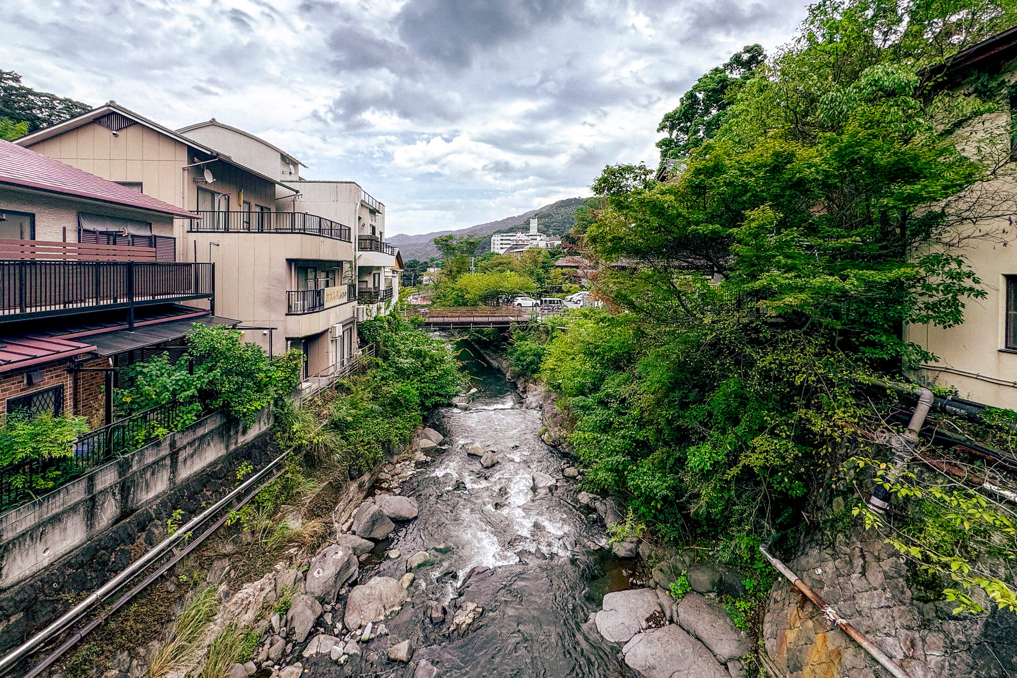 Houses lining Chitose river at Yugawara Onsen