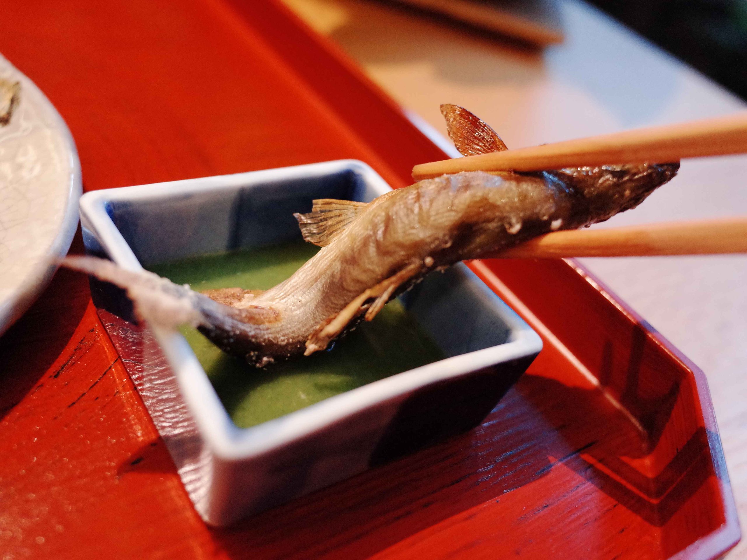 Charcoal-grilled ayu sweetfish served with ginger, miso and tade-su sauce