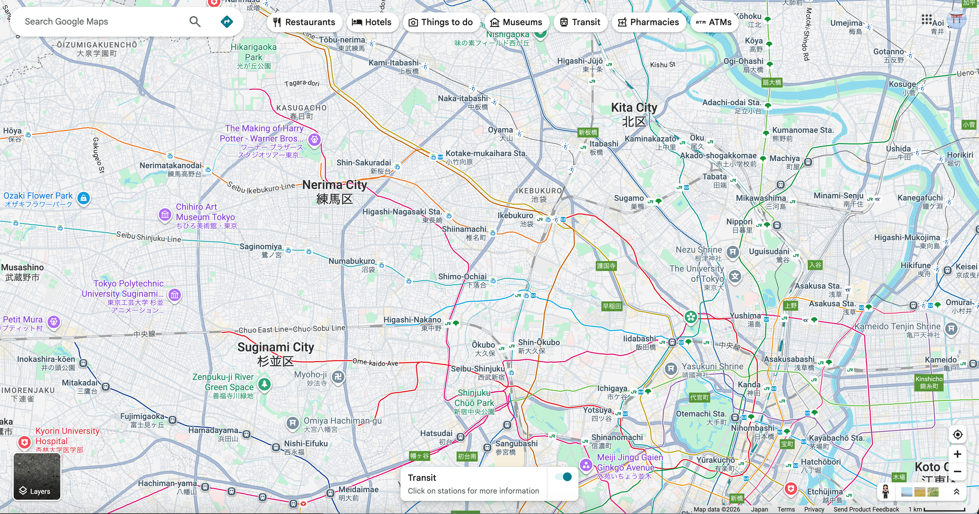 Partial map of Tokyo showing train and subway lines