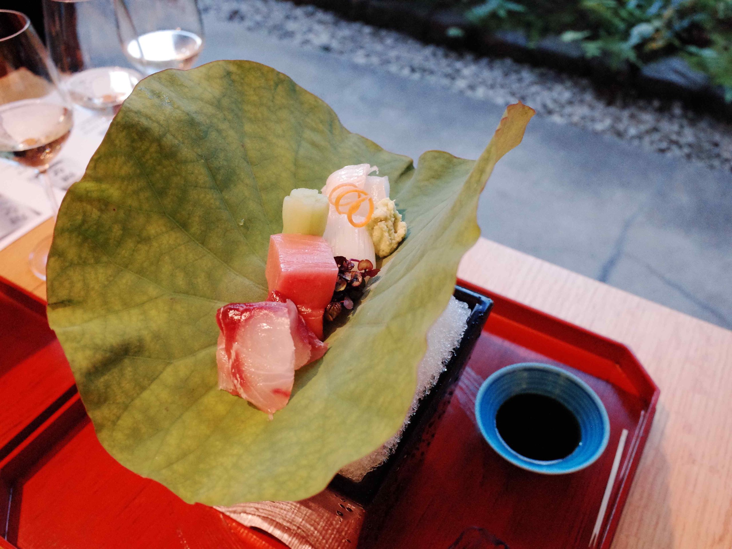 Sashimi wrapped in a lotus leaf at UNKAI, ANA InterContinental Tokyo