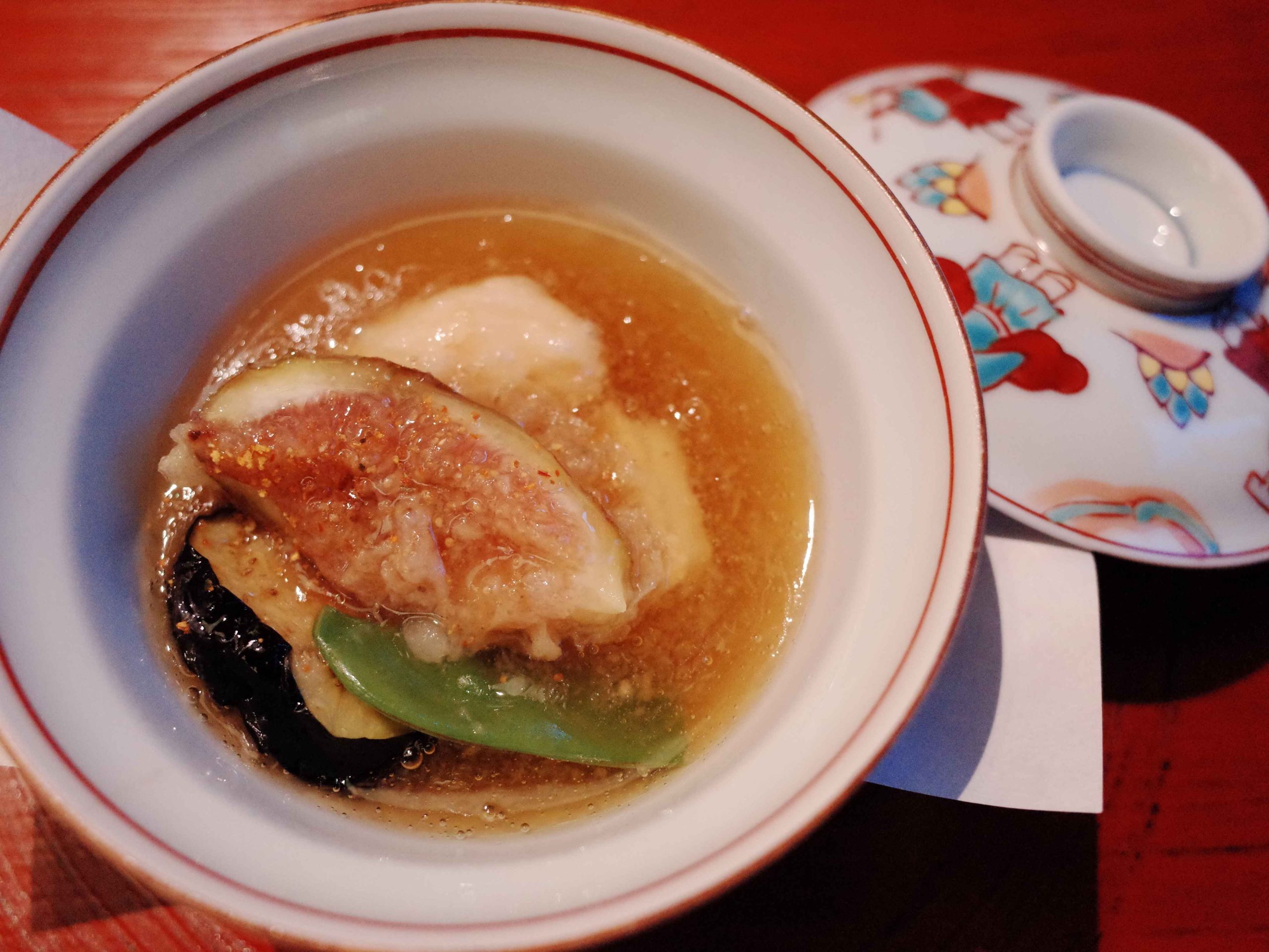 Simmered dish with prawn dumpling and tilefish, kaiseki course Tokyo
